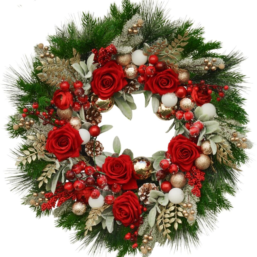 1060 24 Inch Artificial Christmas Wreath for Front Door, Christmas Rose - Picture 2 of 8